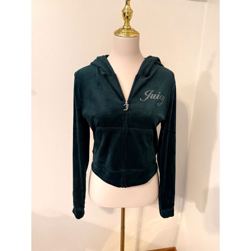 Juicy Couture Velour Rhinestone Logo Zip Hoodie Green Women’s M Y2K